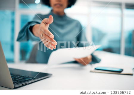 Handshake, introduction in interview and recruitment, human resources and communication, partnership and trust. Person hiring, onboarding with shaking hands and job opportunity, agreement and deal 138566752