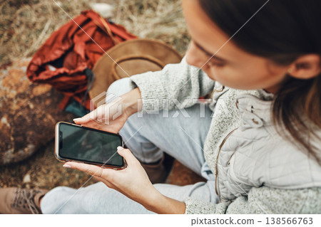 Woman, hands and phone screen on camp for social media, navigation or outdoor communication in nature. Closeup of female person with mobile smartphone display, app or mockup for networking or search 138566763