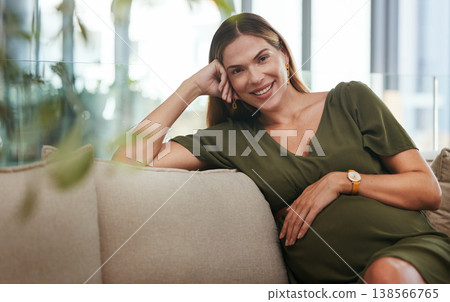 Business woman, pregnant and smile in portrait, modern office and relax with hand on stomach, care and maternity. Happy mother, pregnancy glow and lounge couch in corporate workplace with pride 138566765