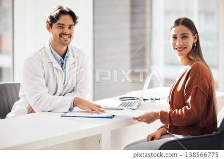 Happy man, doctor and portrait of patient with documents in consultation, healthcare or appointment at hospital. Medical professional or surgeon smile with customer and paperwork for life insurance 138566775