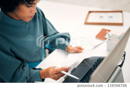 Woman, laptop and documents in finance, budget planning or invoice for investment or policy at office. Female person, employee or accountant checking paperwork, bills or company expenses at workplace Woman, laptop and documents in finance, budget planning or invoice for investment or policy at office. Female person, employee or accountant checking paperwork, bills or company expenses at workplace 138566786