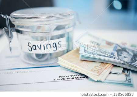 Money, savings in a jar and finance with insurance paperwork, payment and wealth, bills and legal policy. Cash notes, container and financial background, growth and investment, document and security Money, savings in a jar and finance with insurance paperwork, payment and wealth, bills and legal policy. Cash notes, container and financial background, growth and investment, document and security 138566823