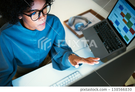 Woman with computer, office and checking schedule, agenda and reminder for administration. Online calendar, diary and laptop screen, girl at desk planning spreadsheet for time management from above. Woman with computer, office and checking schedule, agenda and reminder for administration. Online calendar, diary and laptop screen, girl at desk planning spreadsheet for time management from above. 138566830