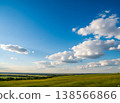 A landscape of blue sky and green land. 138566866