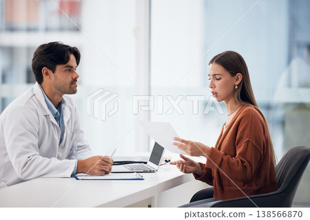 Document, doctor or frustrated patient with results, healthcare history or insurance contract. Bad news, report or Angry woman with prescription, checklist or paper on clipboard for a medical expert Document, doctor or frustrated patient with results, healthcare history or insurance contract. Bad news, report or Angry woman with prescription, checklist or paper on clipboard for a medical expert 138566870