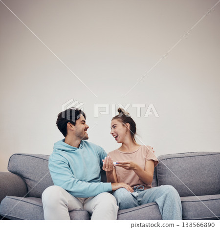 Pregnancy test, excited and couple on sofa in home, reading good news or check results on mockup space. Kit, happy man and pregnant woman in living room for success, future maternity or ivf fertility 138566890