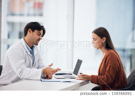 Bad news, doctor or frustrated patient with results, information or healthcare history for help. Paper, report or medical expert with prescription, checklist or notes on clipboard for an angry woman 138566891