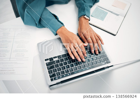 Above, business and hands with typing on laptop, desk and office for career in human resources. Woman, corporate worker and writing on keyboard with pc, technology and internet on cv for job search Above, business and hands with typing on laptop, desk and office for career in human resources. Woman, corporate worker and writing on keyboard with pc, technology and internet on cv for job search 138566924