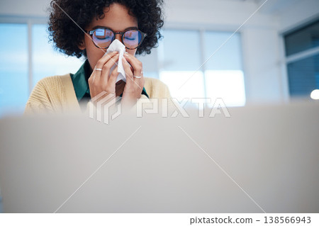 Sick business woman blowing nose for allergy, covid disease and virus in startup company. Professional on computer, tissue paper and allergies for health problem, cold fever and bacteria in winter Sick business woman blowing nose for allergy, covid disease and virus in startup company. Professional on computer, tissue paper and allergies for health problem, cold fever and bacteria in winter 138566943