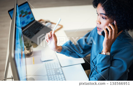 Computer, phone call communication and business woman consulting, talking and reading spreadsheet report data. Smartphone chat, conversation and professional person feedback on online sales numbers 138566951