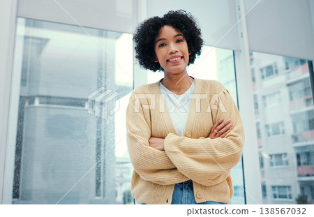 Smile, portrait and business woman with arms crossed in office happy, confident and professional. Face, pride and female entrepreneur proud of startup advertising agency, company or career goals Smile, portrait and business woman with arms crossed in office happy, confident and professional. Face, pride and female entrepreneur proud of startup advertising agency, company or career goals 138567032