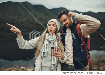 Hiking, anxiety and lost couple with a phone in nature for direction, map or navigation with stress. Backpacking, travel and people with smartphone app for location search or navigation to campsite 138567037