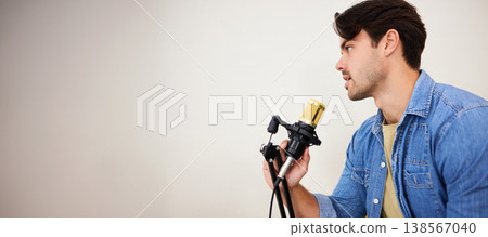 Man, mic and podcast, influencer and media with broadcast, mockup space and communication. Talk show, chat and live streaming with presenter or speaker, interview and platform with wall background Man, mic and podcast, influencer and media with broadcast, mockup space and communication. Talk show, chat and live streaming with presenter or speaker, interview and platform with wall background 138567040