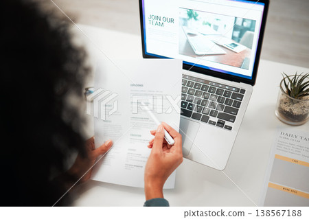 Hands, pen and human resources with CV, laptop with hiring news on company website and recruitment in office. Person reading resume, employee choice and onboarding, job application and back view Hands, pen and human resources with CV, laptop with hiring news on company website and recruitment in office. Person reading resume, employee choice and onboarding, job application and back view 138567188