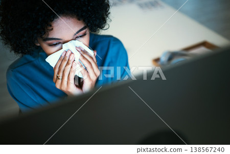 Business, night and woman with a sneeze, sick and illness with burnout, stress and overworked. Person, consultant and employee with a computer, virus and disease with tissue, allergies and fatigue 138567240