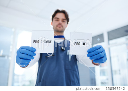 Life, choice and doctor with paper in hands for abortion, human rights or decision in clinic. Nurse, poster and support for women with option of family planning in hospital or medical contraception 138567242
