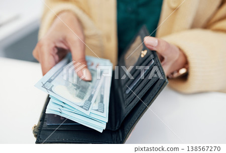 Person, hands and wallet with money for payment investment or savings on counter at checkout. Closeup of employee with cash, bills or paper notes for profit, salary or finance in purchase or shopping Person, hands and wallet with money for payment investment or savings on counter at checkout. Closeup of employee with cash, bills or paper notes for profit, salary or finance in purchase or shopping 138567270