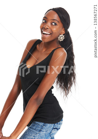 Woman, excited and fashion in studio for luxury design, happiness or natural smile. African female, face and white background for stylish trend or designer clothes, confident beauty or funny mood Woman, excited and fashion in studio for luxury design, happiness or natural smile. African female, face and white background for stylish trend or designer clothes, confident beauty or funny mood 138567271