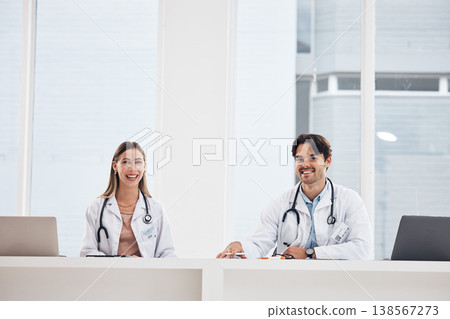 Portrait, laptop and medical with a team of doctors in the hospital for healthcare collaboration you can trust. Happy, medicine or teamwork with a woman and woman medicine professional in a hospital Portrait, laptop and medical with a team of doctors in the hospital for healthcare collaboration you can trust. Happy, medicine or teamwork with a woman and woman medicine professional in a hospital 138567273