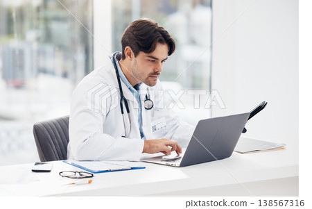 Laptop, news or doctor with research, medical update or telehealth web service in hospital clinic. Man, science or surgeon working in professional healthcare typing on digital tech for email info Laptop, news or doctor with research, medical update or telehealth web service in hospital clinic. Man, science or surgeon working in professional healthcare typing on digital tech for email info 138567316