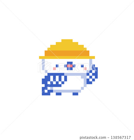 A pixel art image of a long-tailed tit wearing a yellow hat and blue hairtail. A pixel art image of a long-tailed tit wearing a yellow hat and blue hairtail. 138567317