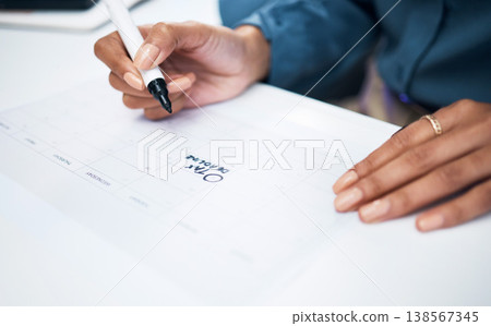 Woman, hands and marker on calendar for tax, deadline or reminder in schedule planning or strategy on desk at office. Closeup of female person writing on paper for agenda, memory or plan at workplace Woman, hands and marker on calendar for tax, deadline or reminder in schedule planning or strategy on desk at office. Closeup of female person writing on paper for agenda, memory or plan at workplace 138567345