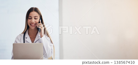 Phone call, woman and doctor with healthcare, talking and connection with network, mockup space and digital app. Person, employee and medical professional with a cellphone, communication and surgeon Phone call, woman and doctor with healthcare, talking and connection with network, mockup space and digital app. Person, employee and medical professional with a cellphone, communication and surgeon 138567410