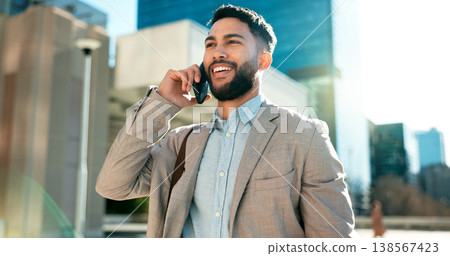 City, phone call and business man with time or check watch for schedule, job opportunity and travel communication. Corporate worker talking on mobile and walking fast for appointment or urban journey 138567423