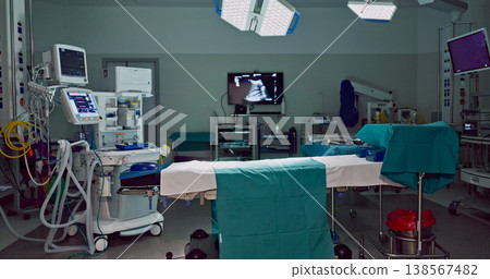 Empty, dark hospital and room for operation, emergency service and healing patient. Healthcare backgrounds, surgery theatre and interior of bed, machine and medical tools for wellness, help and risk Empty, dark hospital and room for operation, emergency service and healing patient. Healthcare backgrounds, surgery theatre and interior of bed, machine and medical tools for wellness, help and risk 138567482