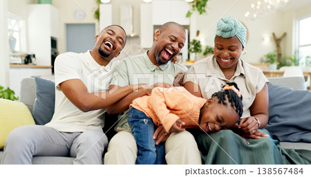 Black family, relax and parents with child on sofa at home for bonding, quality time and happiness. Happy, lounge and happy mother, father and girl on couch laughing together for fun in living room Black family, relax and parents with child on sofa at home for bonding, quality time and happiness. Happy, lounge and happy mother, father and girl on couch laughing together for fun in living room 138567484