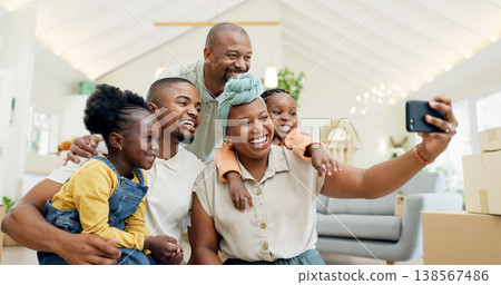 Moving, happy family and selfie with kids in new home, boxes and people in living room of house. African mother, father and children in self portrait with boxes, real estate and happy investment. Moving, happy family and selfie with kids in new home, boxes and people in living room of house. African mother, father and children in self portrait with boxes, real estate and happy investment. 138567486