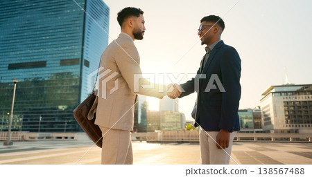 Networking, walking or business people shaking hands in city for project agreement or b2b deal. Teamwork, outdoor handshake or men meeting for a negotiation, offer or partnership opportunity together 138567488