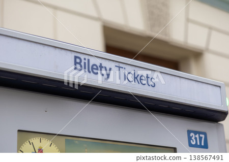 Urban public transport ticket machine prominently displays Bilety Tickets, offering convenient fare purchase for daily commuters and travelers navigating city routes Urban public transport ticket machine prominently displays Bilety Tickets, offering convenient fare purchase for daily commuters and travelers navigating city routes 138567491
