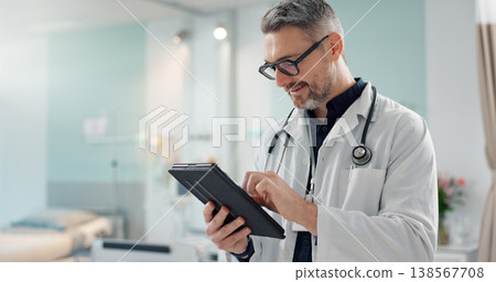 Healthcare, senior man and doctor with a tablet, typing or research with online results, digital app or internet. Person, employee or medical professional with technology, connection and website info Healthcare, senior man and doctor with a tablet, typing or research with online results, digital app or internet. Person, employee or medical professional with technology, connection and website info 138567708