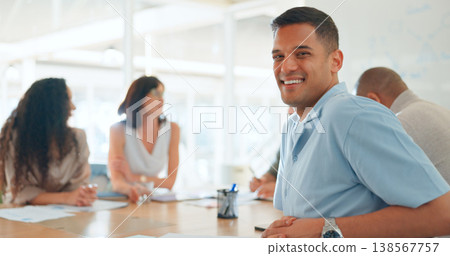 Meeting, conversation and portrait of businessman in office for working on a creative project in collaboration. Teamwork, diversity and face of male designer with colleagues for planning in workplace Meeting, conversation and portrait of businessman in office for working on a creative project in collaboration. Teamwork, diversity and face of male designer with colleagues for planning in workplace 138567757