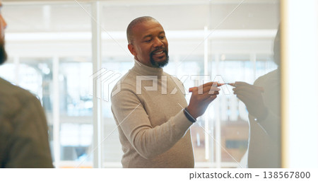 Business people, brainstorming or black man writing on board for coaching, learning or mentorship advice. Startup training, manager or presentation with ideas for strategy, mission or planning 138567800