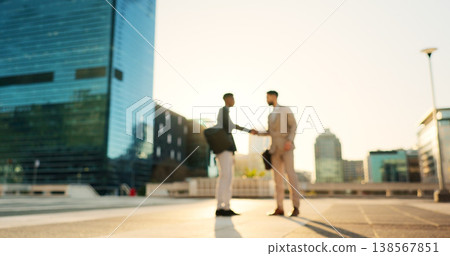 Networking, walking or business people shaking hands in city for project agreement or b2b deal. Teamwork, outdoor handshake or men meeting for a negotiation, offer or partnership opportunity together 138567851