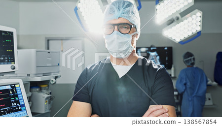 Surgeon, doctor and man in portrait with arms crossed, healthcare and confidence in operation theater for medical procedure. Surgery, health professional and help in hospital, expert with face mask Surgeon, doctor and man in portrait with arms crossed, healthcare and confidence in operation theater for medical procedure. Surgery, health professional and help in hospital, expert with face mask 138567854