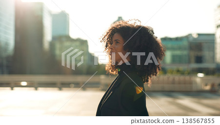 Business, black woman and walking outdoor in city building with thinking and smile for morning travel or journey outdoor. Happy, person with afro and corporate worker moving to work in urban town Business, black woman and walking outdoor in city building with thinking and smile for morning travel or journey outdoor. Happy, person with afro and corporate worker moving to work in urban town 138567855