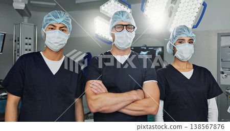 Surgeon team, doctor and people in portrait, healthcare and confidence in operation theater for medical procedure. Surgery, health professional and help in hospital, expert in mask and collaboration 138567876
