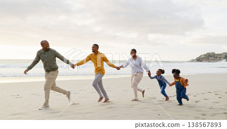 Happy, black family and holding hands or running at the beach for holiday, care and bonding. Laughing, support and grandparents, father and children with affection and exercise by the sea with love Happy, black family and holding hands or running at the beach for holiday, care and bonding. Laughing, support and grandparents, father and children with affection and exercise by the sea with love 138567893