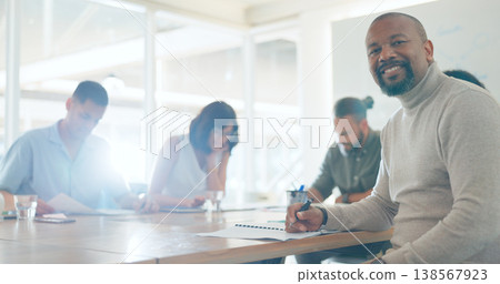 Meeting, collaboration and portrait of businessman in office for working on a creative project together. Teamwork, diversity and face of male designer with colleagues for planning in workplace. Meeting, collaboration and portrait of businessman in office for working on a creative project together. Teamwork, diversity and face of male designer with colleagues for planning in workplace. 138567923