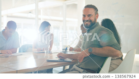Meeting, discussion and portrait of businessman in office for working on a creative project in collaboration. Teamwork, diversity and face of male designer with colleagues for planning in workplace. Meeting, discussion and portrait of businessman in office for working on a creative project in collaboration. Teamwork, diversity and face of male designer with colleagues for planning in workplace. 138567924