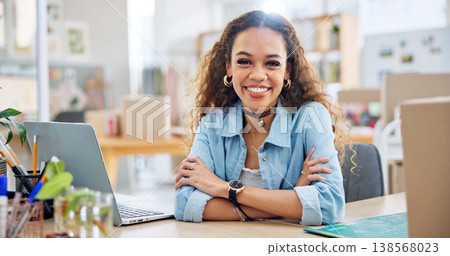 Ecommerce, happy woman at laptop with boxes and confidence for sales report with pride at fashion startup. Online shopping, package and small business owner with happiness, computer and arms crossed. 138568023