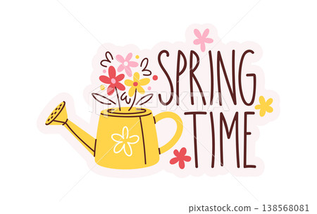 Watering Can With Flowers Spring Lettering Cartoon 138568081