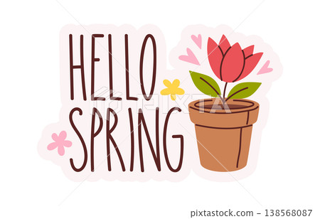 Flower Pot Hello Spring Lettering Cartoon Flower Pot Hello Spring Lettering Cartoon 138568087