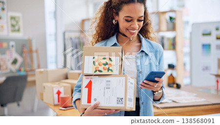 Woman, boxes and phone for office e commerce, logistics and stock management, online shopping or social media. Supplier, seller or fashion designer for package inventory, mobile chat or website order Woman, boxes and phone for office e commerce, logistics and stock management, online shopping or social media. Supplier, seller or fashion designer for package inventory, mobile chat or website order 138568091