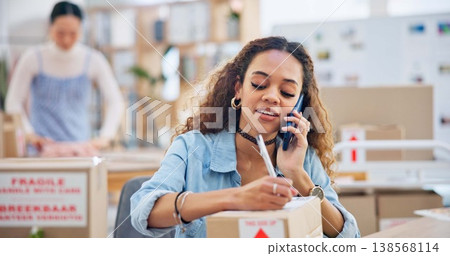 Business, phone call and woman writing, delivery and order with distribution, inventory and connection. Person, employee and professional with a smartphone, communication and shipment with network Business, phone call and woman writing, delivery and order with distribution, inventory and connection. Person, employee and professional with a smartphone, communication and shipment with network 138568114
