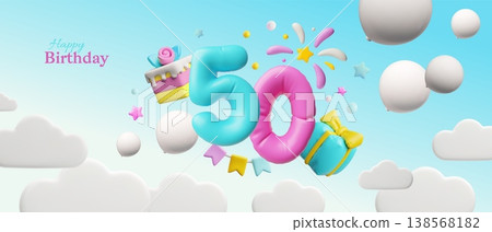 50 years number of birth from inflated balloons, Happy Birthday 3D vector festive design, festive cake gift box firework 138568182