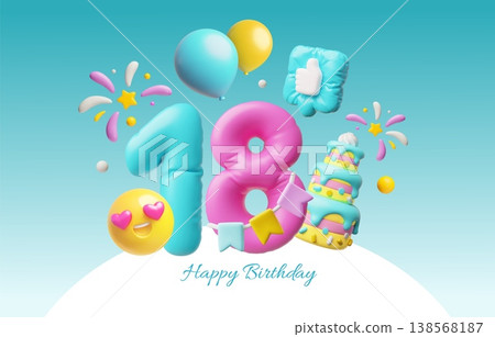 A 3D poster featuring the number 18, a cake, balloons, a smiley face, fireworks, and flags. A 3D poster featuring the number 18, a cake, balloons, a smiley face, fireworks, and flags. 138568187